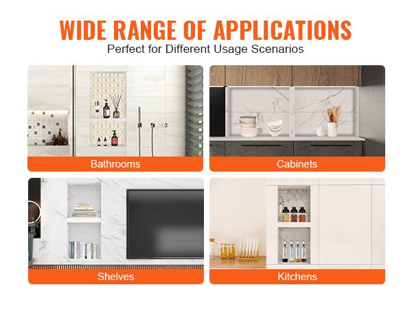wide range of VEVOR shower niche applications in bathrooms, cabinets, shelves, and kitchens.