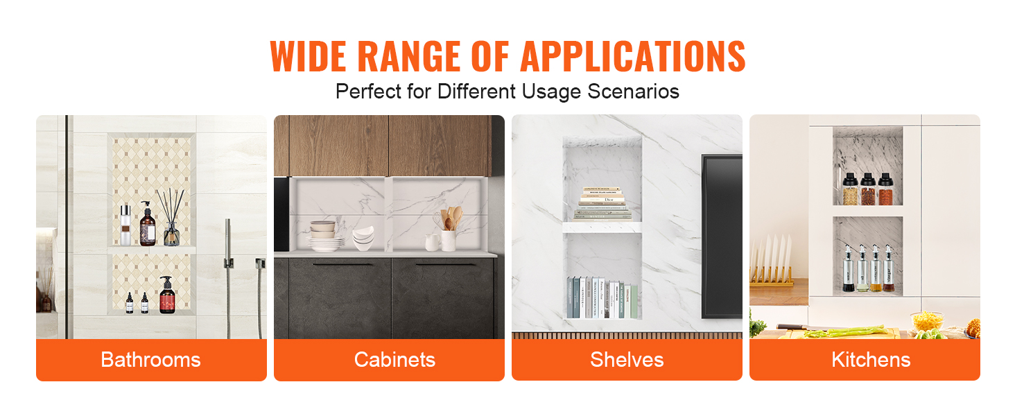 wide range of VEVOR shower niche applications in bathrooms, cabinets, shelves, and kitchens.