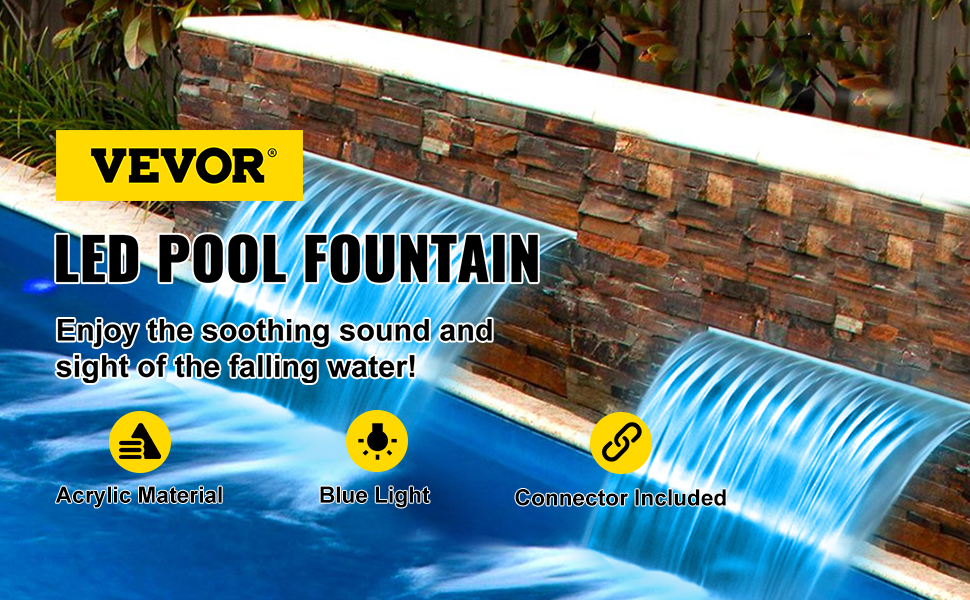VEVOR pool fountain spillway with blue light and acrylic material for soothing ambiance.
