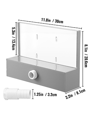 VEVOR pool fountain spillway dimensions and connection details.