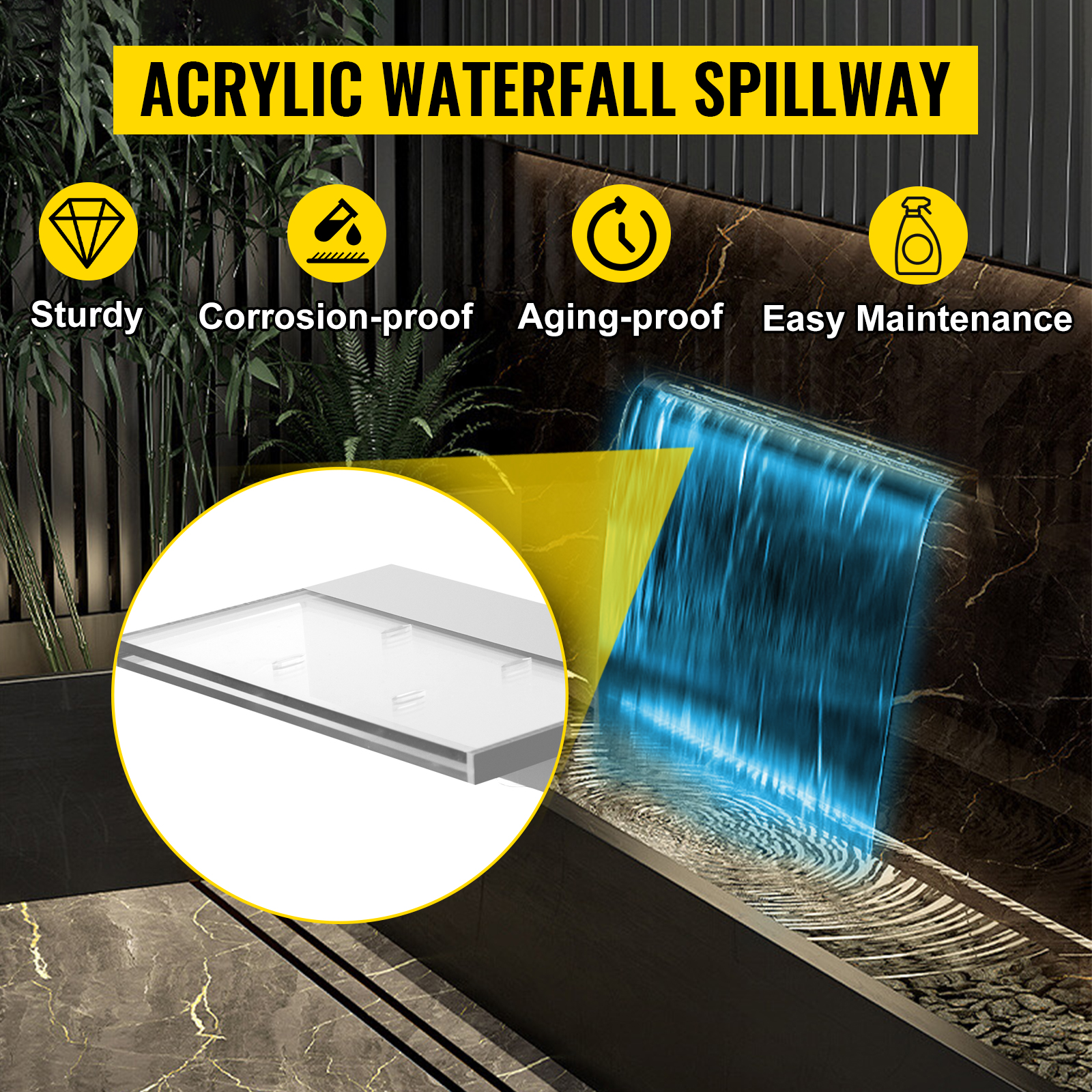 VEVOR pool fountain spillway with blue waterfall and highlighted acrylic panel