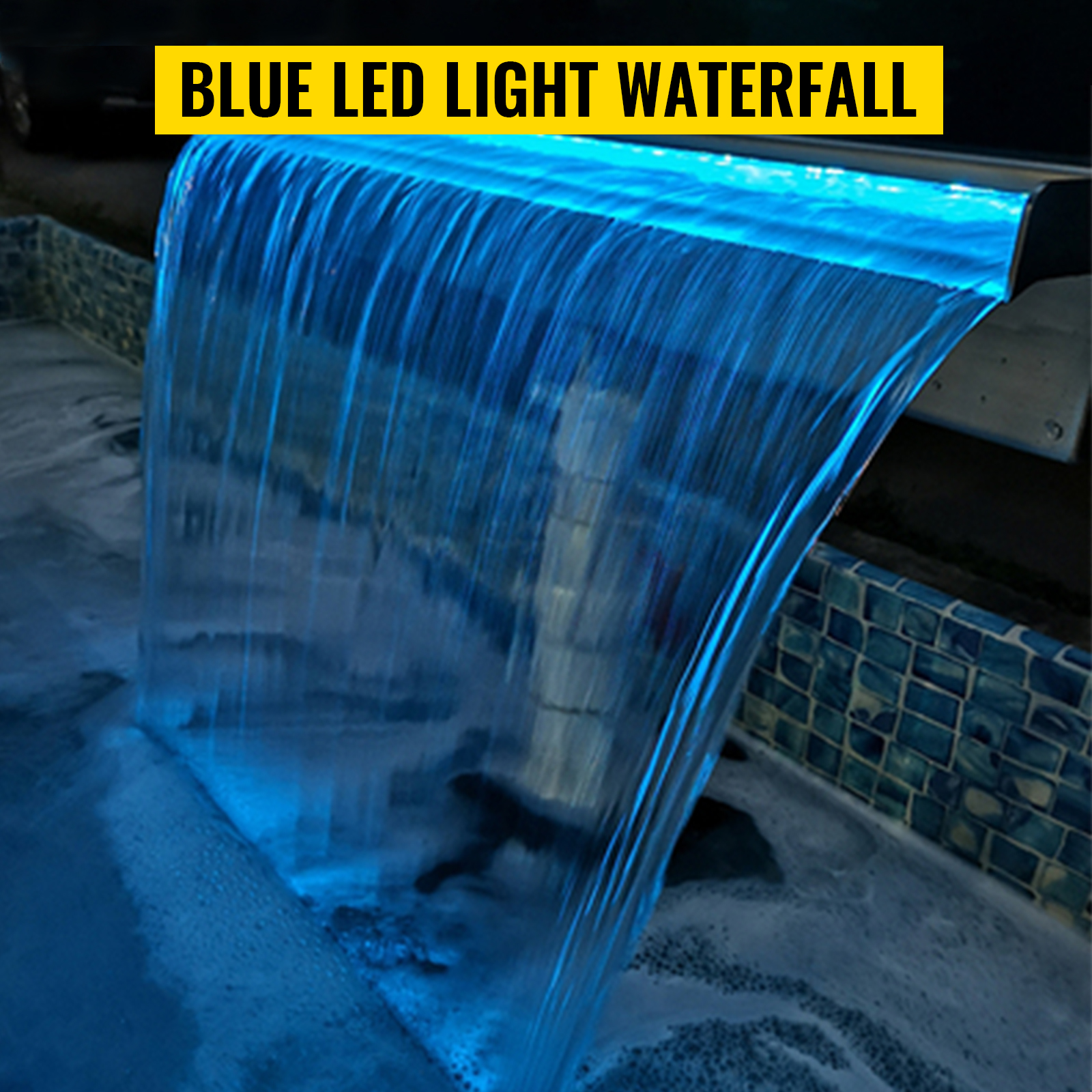 VEVOR pool fountain spillway with blue led light waterfall in a tiled pool.