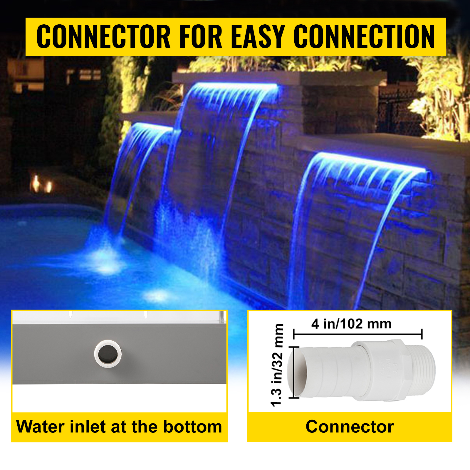 VEVOR pool fountain spillway with led lights and easy connection adapter.