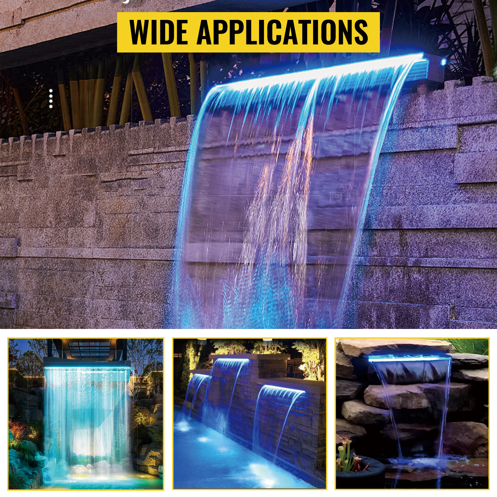 VEVOR pool fountain spillway with led lights in various outdoor settings.