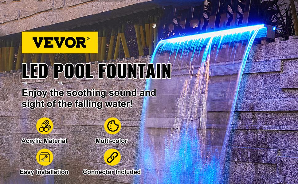 VEVOR fountain spillway with led lights, acrylic material, multi-color, easy installation.