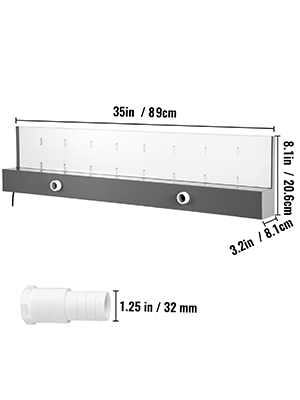VEVOR fountain spillway with dimensions: 35in width, 8in height, 3.2in depth.