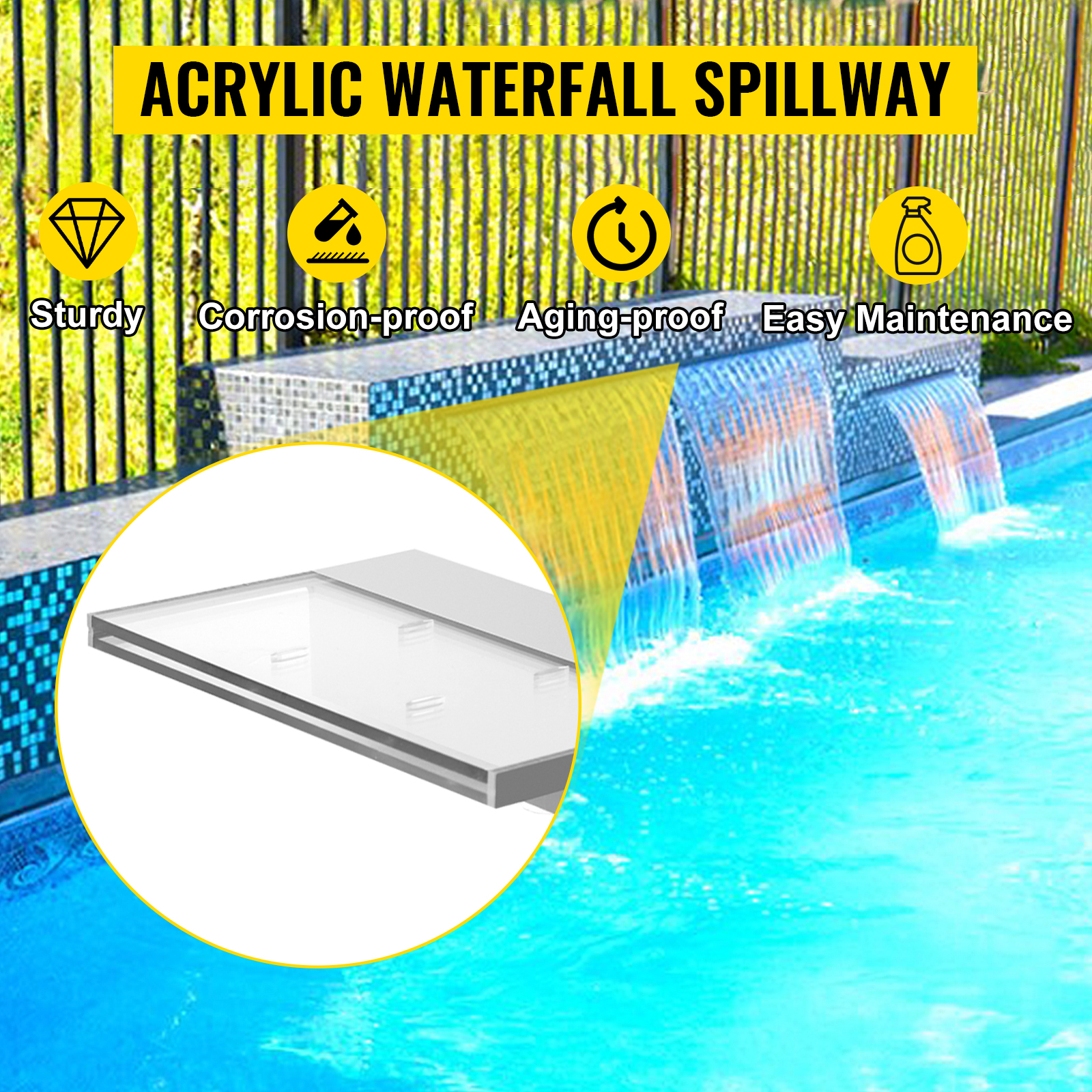 acrylic waterfall spillway with sturdy, corrosion-proof, aging-proof features above a pool.