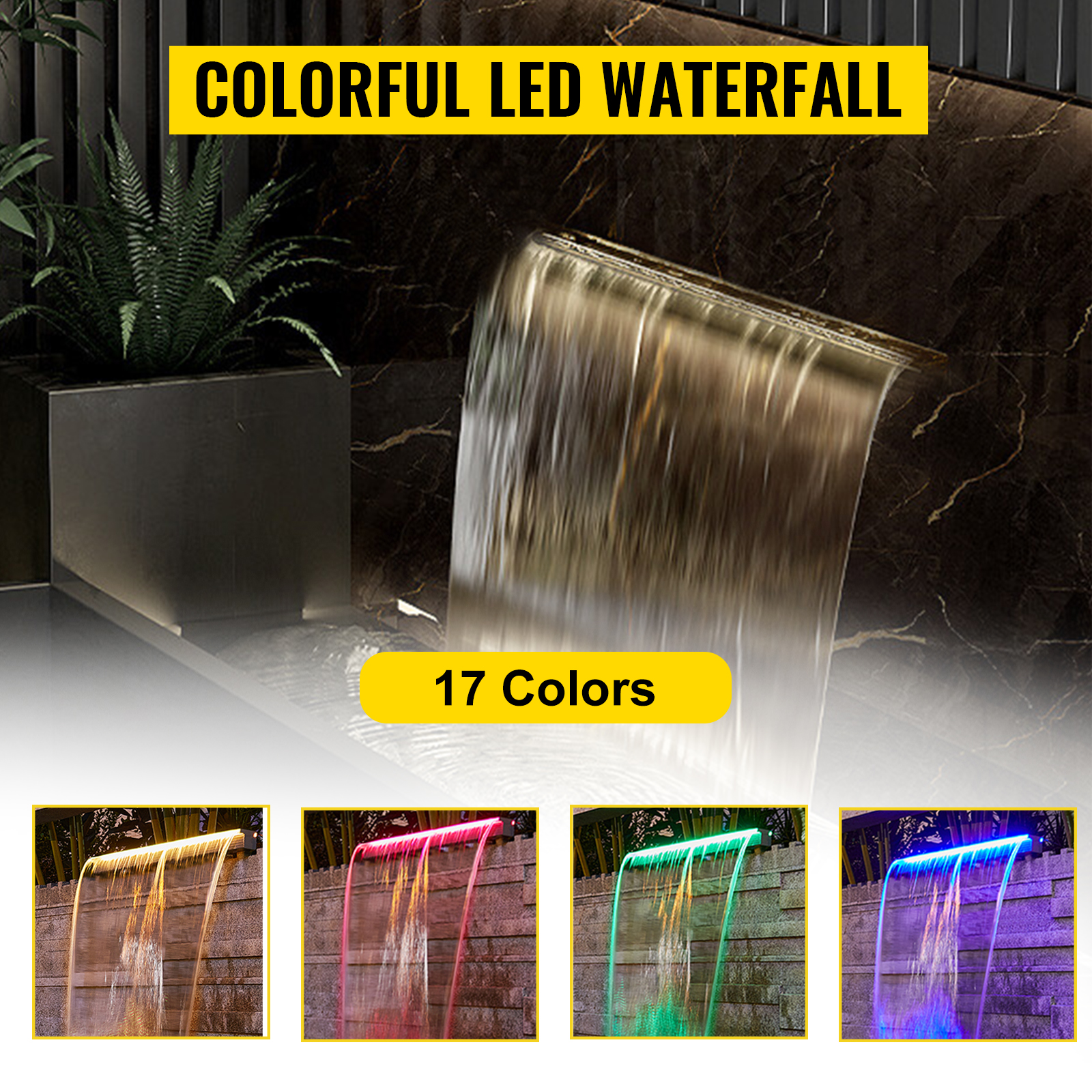 VEVOR fountain spillway with colorful led lighting and 17 color options.