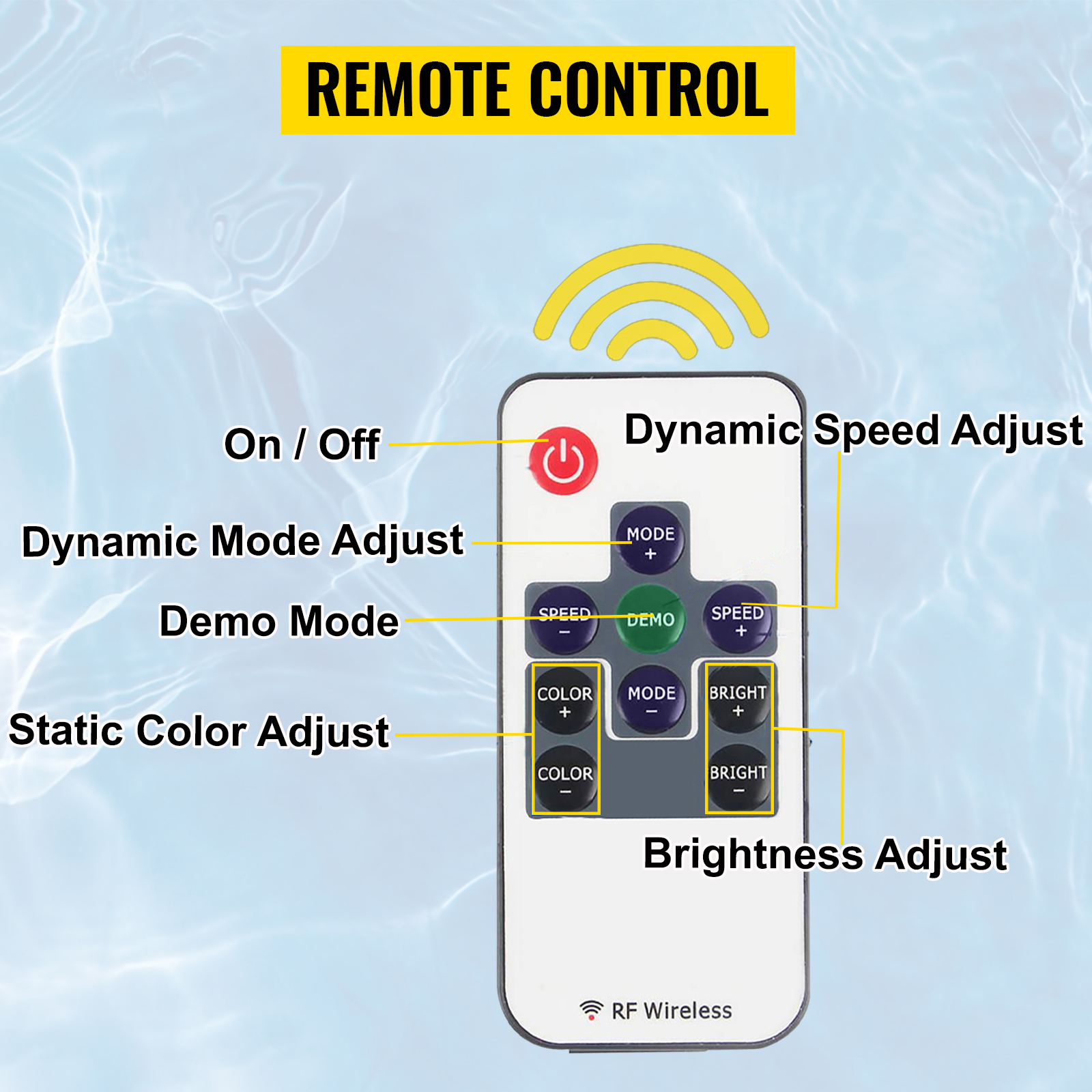 VEVOR fountain spillway remote control with labeled buttons for various adjustments.