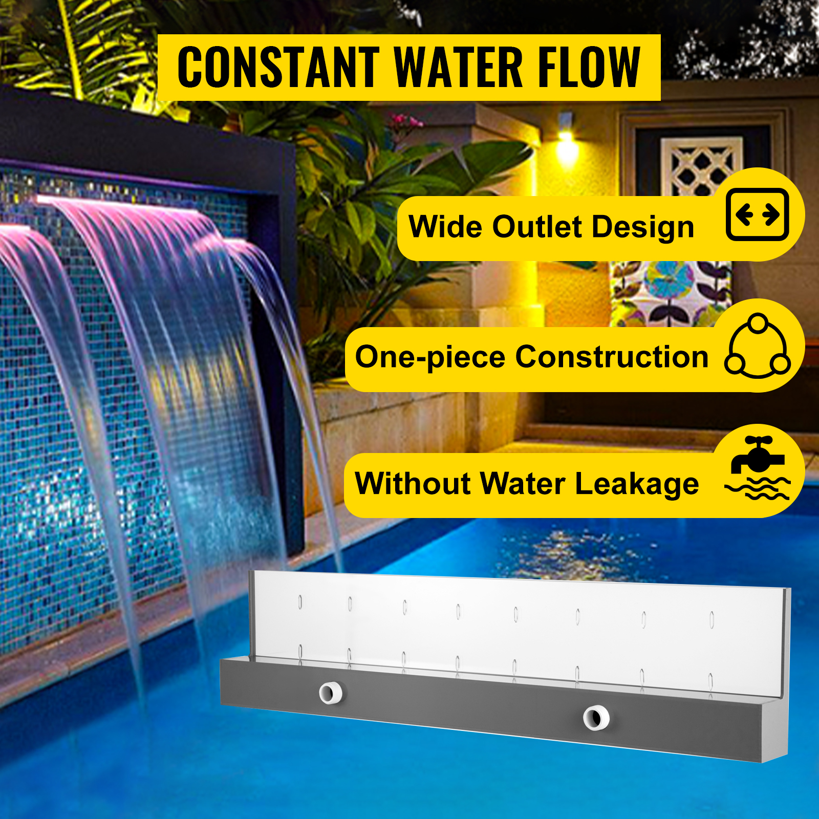 VEVOR fountain spillway with wide outlet design by a lit pool and greenery.