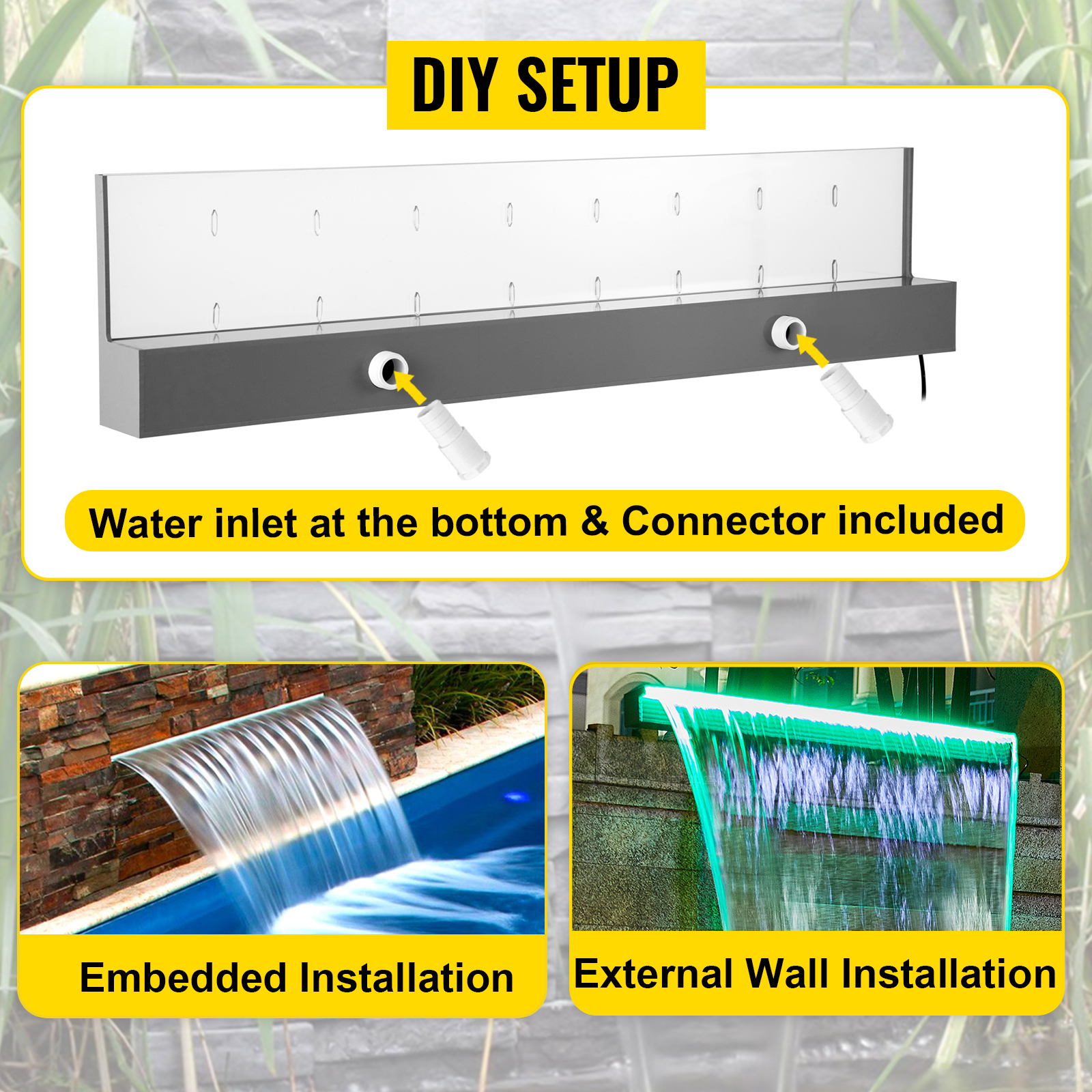 VEVOR fountain spillway with water inlet, includes connectors for diy setup and installation.
