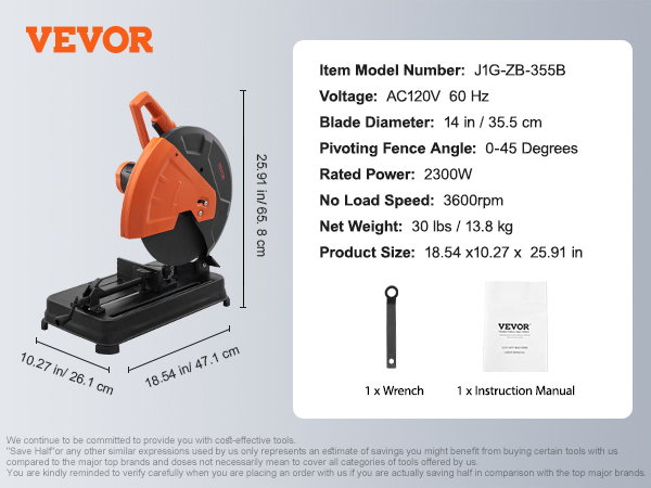 VEVOR abrasive chop saw with 14-in blade, 2300w power, 3600rpm speed; includes wrench and manual.