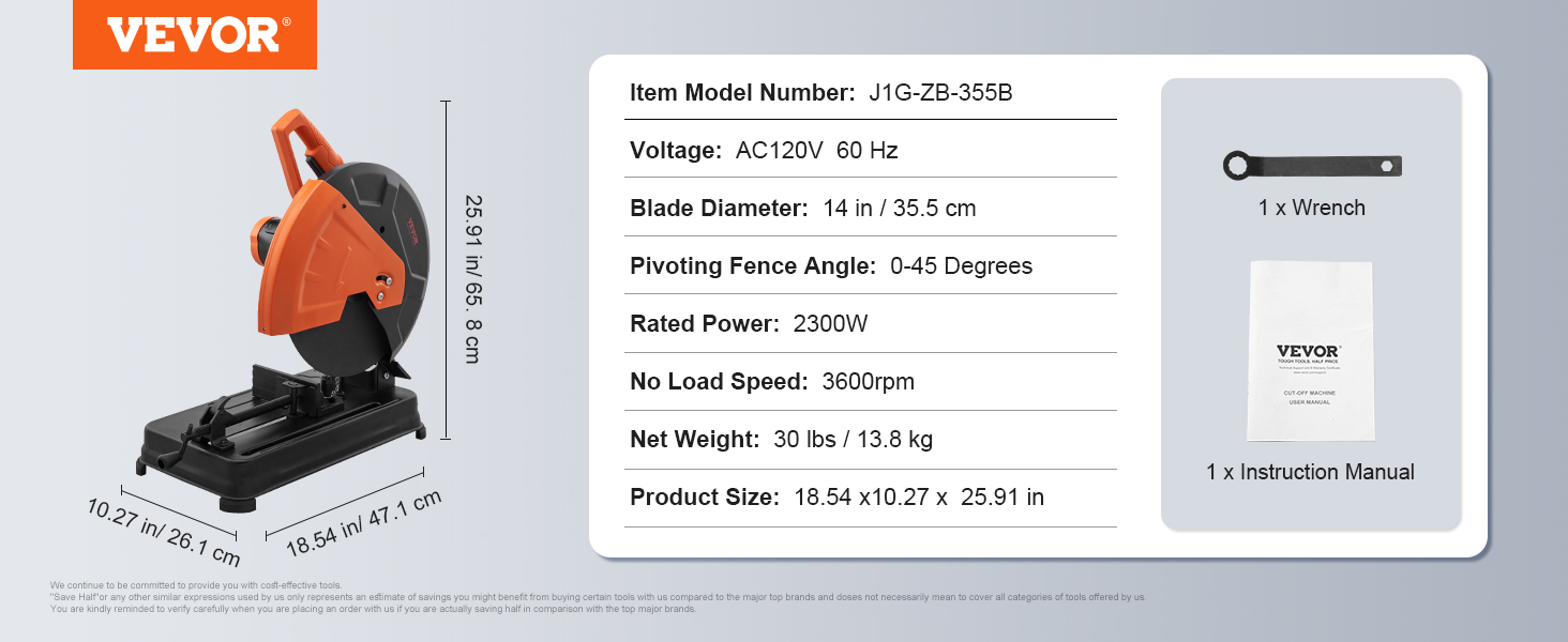 VEVOR abrasive chop saw with 14-in blade, 2300w power, 3600rpm speed; includes wrench and manual.