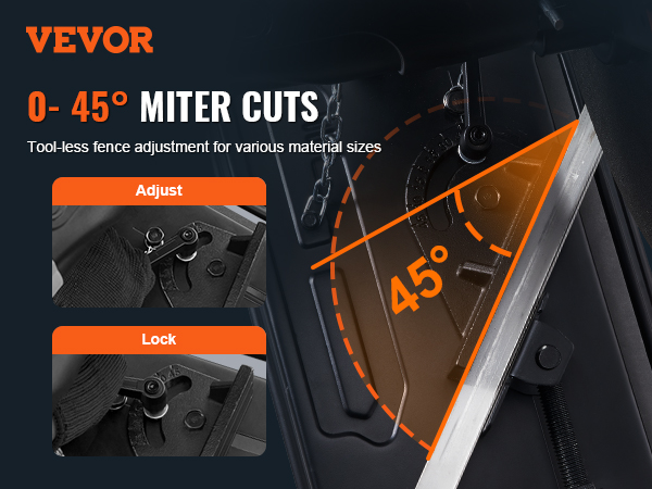 VEVOR abrasive chop saw offers 0-45° miter cuts with tool-less fence adjustment for various material sizes.
