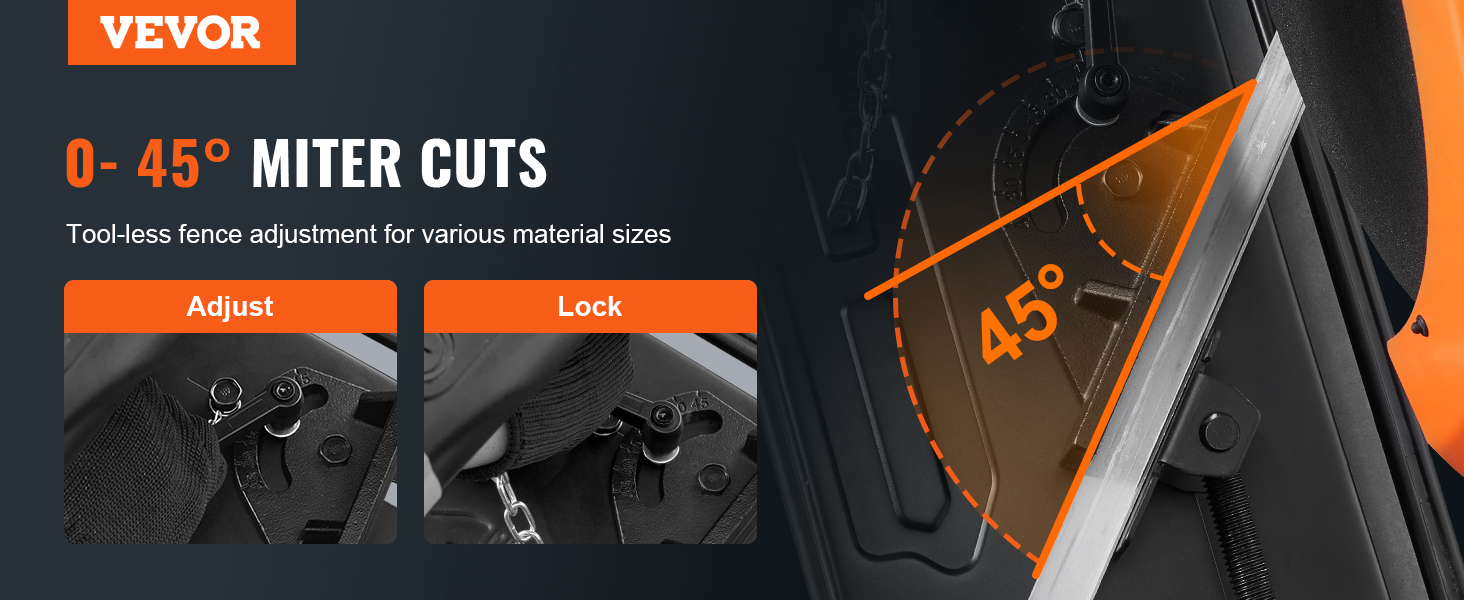 VEVOR abrasive chop saw offers 0-45° miter cuts with tool-less fence adjustment for various material sizes.