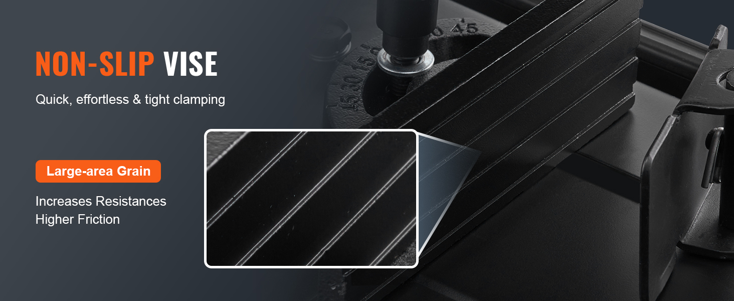 non-slip vise of VEVOR abrasive chop saw with large-area grain for increased resistance and friction.