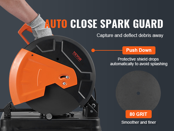 VEVOR abrasive chop saw with auto-close spark guard and 80 grit disc for smoother, finer cuts.