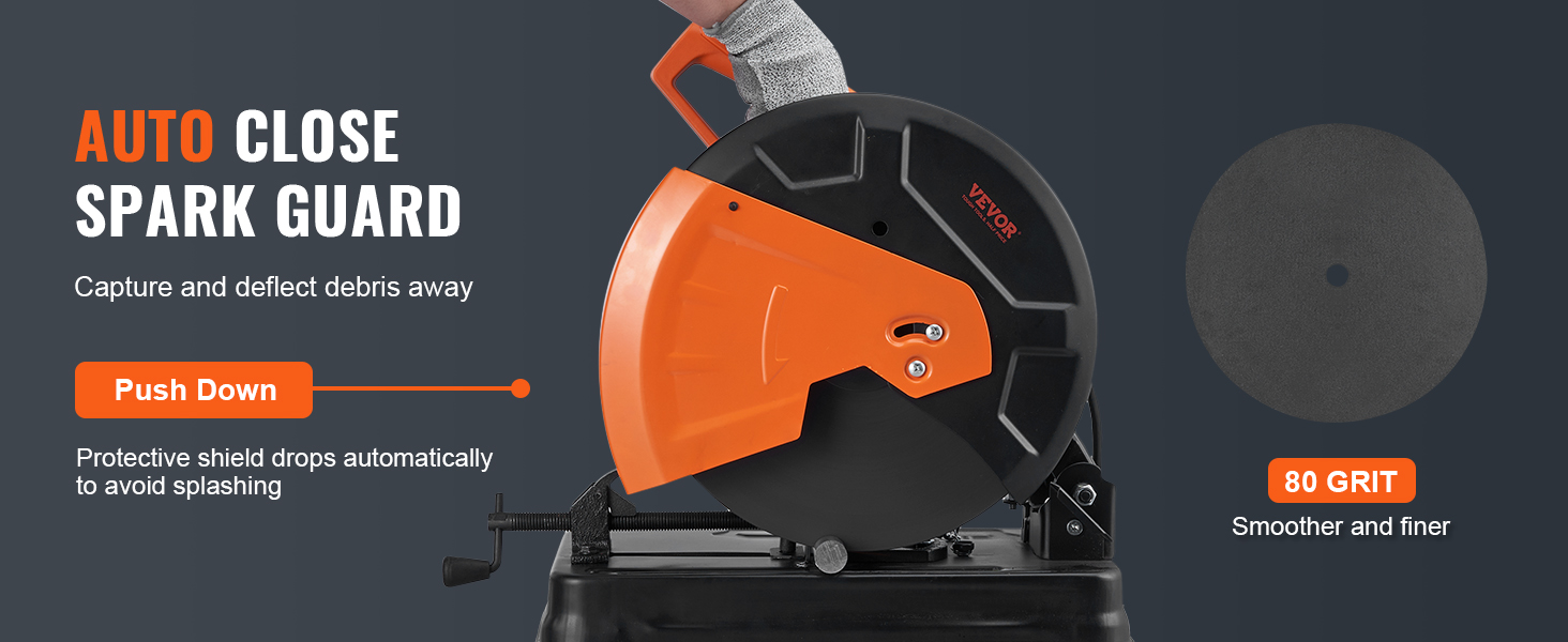 VEVOR abrasive chop saw with auto-close spark guard and 80 grit disc for smoother, finer cuts.