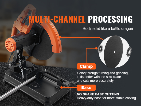 VEVOR abrasive chop saw showcasing clamp and base features for precise and stable cutting.