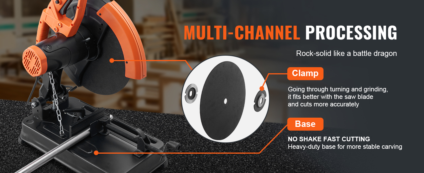 VEVOR abrasive chop saw showcasing clamp and base features for precise and stable cutting.