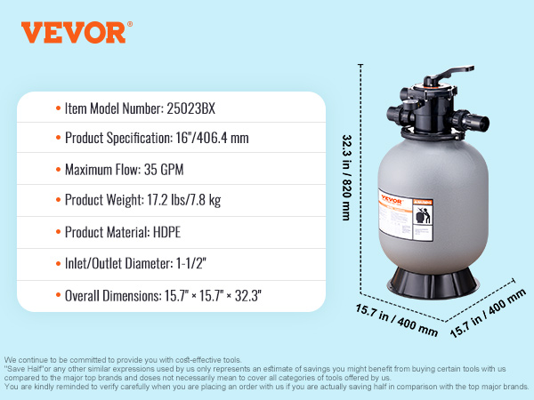 VEVOR sand filter system, 25023bx model, 16"/406.4 mm, 35 gpm, hdpe, 15.7"x15.7"x32.3", 17.2 lbs