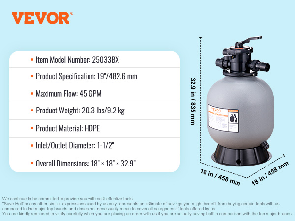 VEVOR sand filter system 25033bx, hdpe, 45gpm, 20.3 lbs, 18"x18"x32.9", 1.5" inlet/outlet.