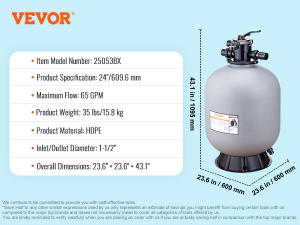 VEVOR sand filter specifications: 24" diameter, 65 gpm max flow, hdpe material, 35 lbs, 1.5" inlet/outlet.