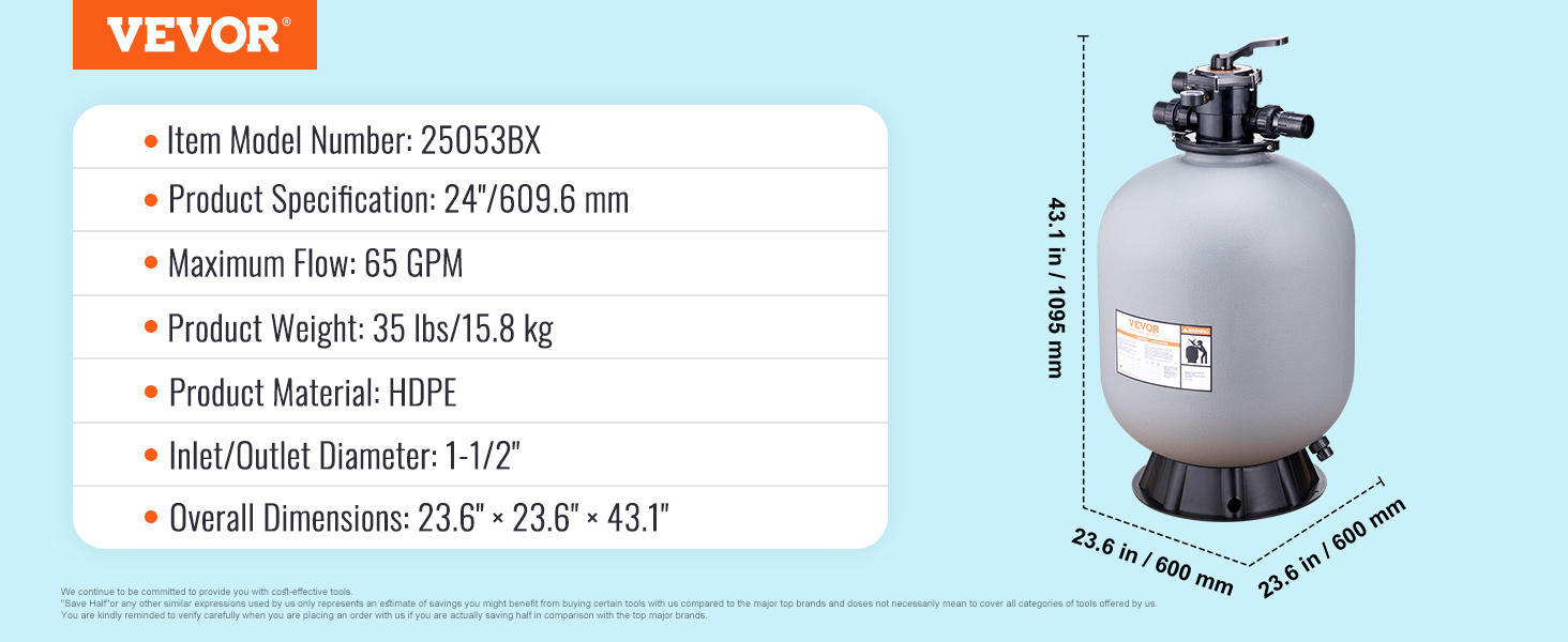 VEVOR sand filter specifications: 24" diameter, 65 gpm max flow, hdpe material, 35 lbs, 1.5" inlet/outlet.
