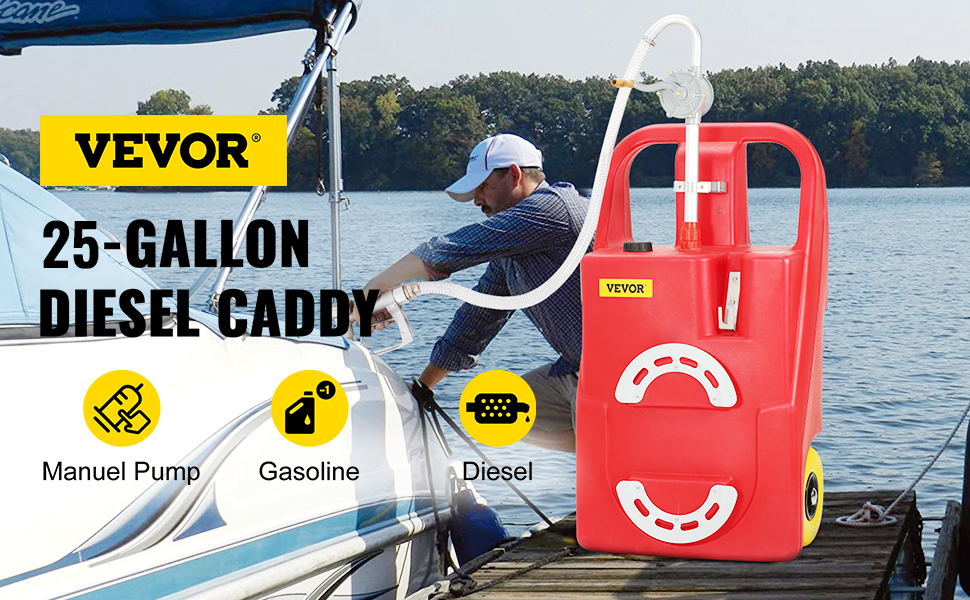 VEVOR fuel caddy on a dock beside a boat, featuring a red 25-gallon diesel tank with a manual pump.