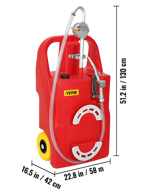 red VEVOR fuel caddy with yellow wheels, dimensions labeled, featuring hose and pump handles.