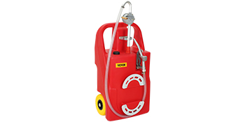 red VEVOR fuel caddy with yellow wheels, a white hose, and a hand pump for easy fuel transfer.