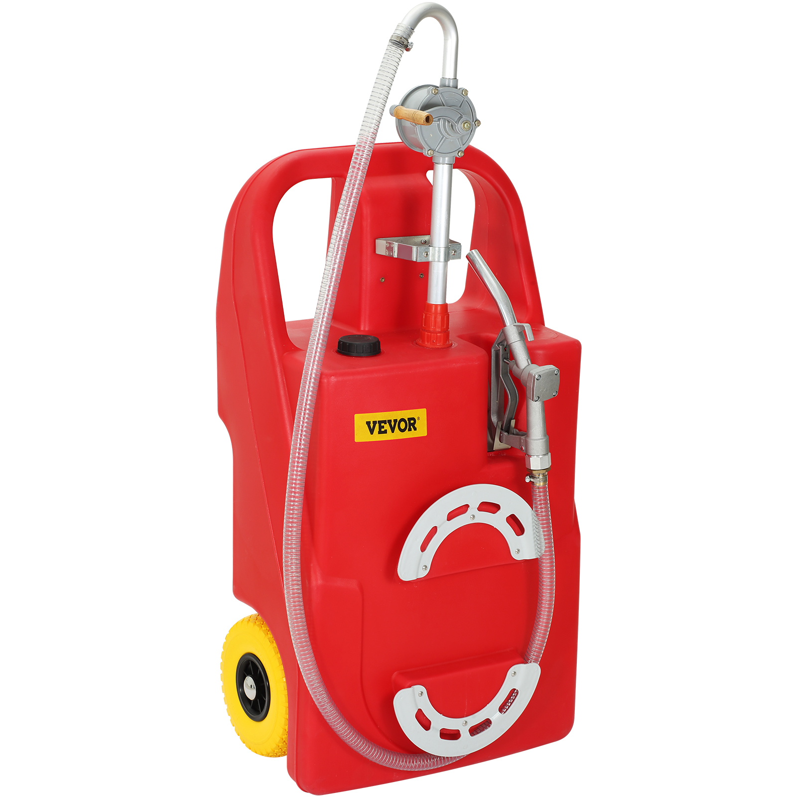 red VEVOR fuel caddy with yellow wheels and hose for easy transport and fueling.