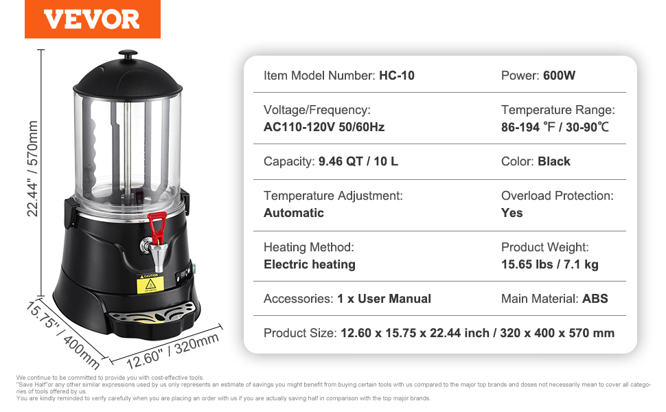 VEVOR hot chocolate dispenser hc-10, 600w, black, 10l capacity, electric heating, 86-194°f temp range.