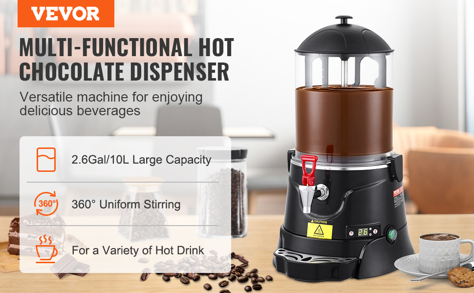 VEVOR hot chocolate dispenser with 2.6gal capacity, 360° stirring, perfect for various hot drinks.