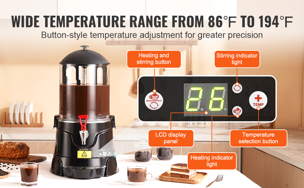VEVOR hot chocolate dispenser with lcd panel, heating and stirring buttons, and temperature range.