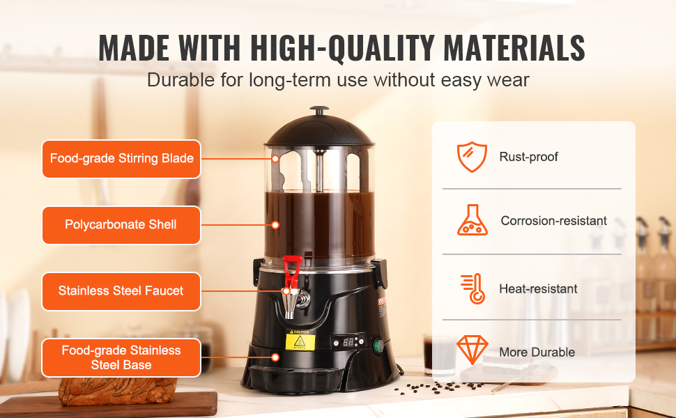 VEVOR hot chocolate dispenser with food-grade stirring blade, polycarbonate shell, and stainless steel faucet.