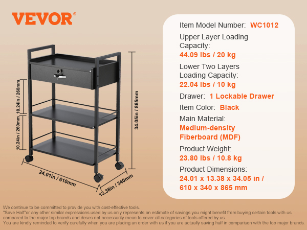 VEVOR beauty salon trolley, wc1012, black mdf, 34 inches tall, 3 shelves, lockable drawer, 24 x 13 inches.