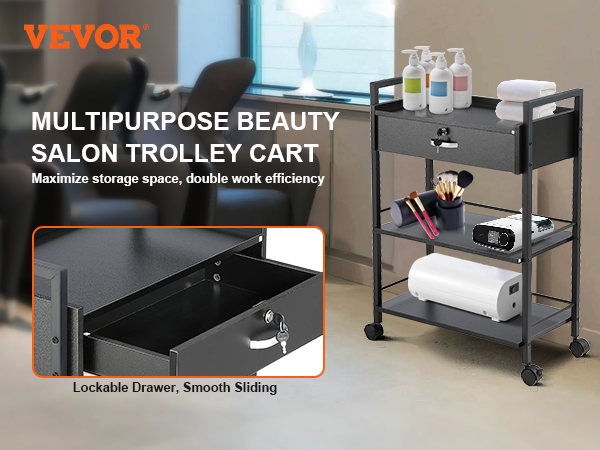 VEVOR beauty salon trolley with lockable drawer, multiple shelves for beauty products, and smooth wheels.
