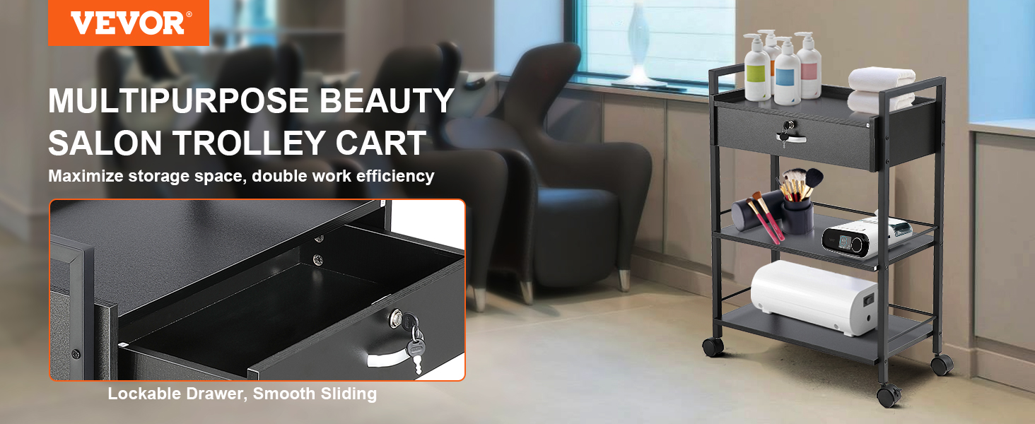 VEVOR beauty salon trolley with lockable drawer, multiple shelves for beauty products, and smooth wheels.
