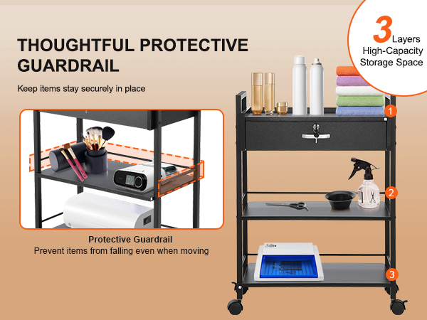 VEVOR beauty salon trolley with three storage layers, guardrails, and beauty accessories.