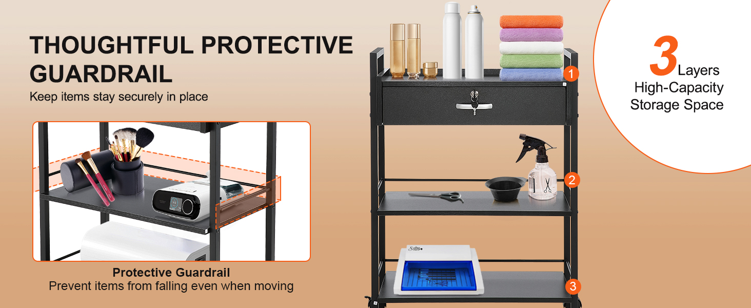 VEVOR beauty salon trolley with three storage layers, guardrails, and beauty accessories.
