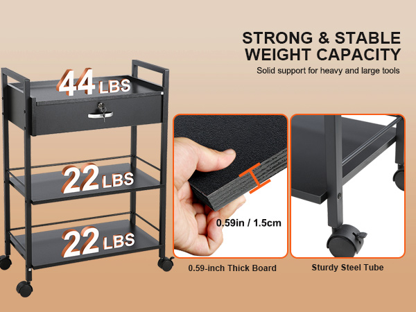 VEVOR beauty salon trolley with 44 lbs top drawer, 22 lbs shelves, 0.59-inch thick board, and sturdy steel frame.