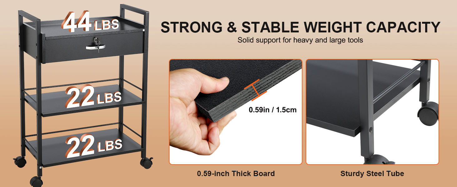 VEVOR beauty salon trolley with 44 lbs top drawer, 22 lbs shelves, 0.59-inch thick board, and sturdy steel frame.