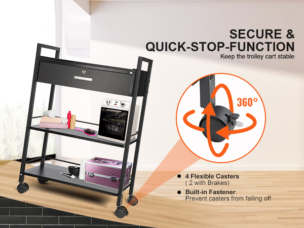 VEVOR beauty salon trolley with 4 flexible casters, secure quick-stop function, and built-in fastener.