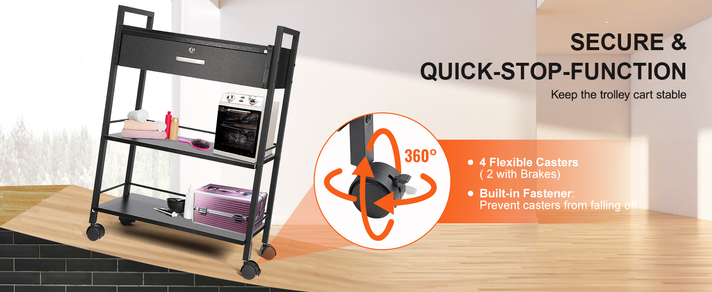 VEVOR beauty salon trolley with 4 flexible casters, secure quick-stop function, and built-in fastener.