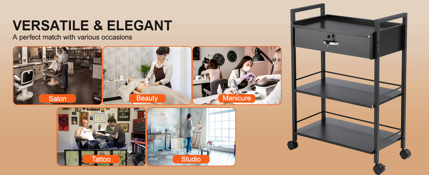 versatile VEVOR beauty salon trolley in various settings: salon, beauty, manicure, tattoo, and studio.
