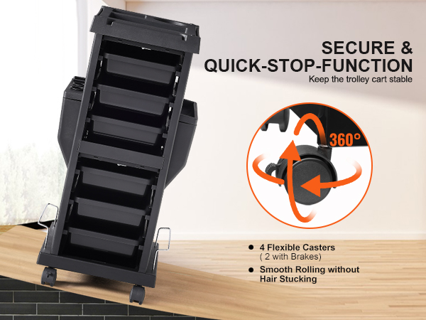 VEVOR salon trolley cart with secure quick-stop function and 4 flexible casters (2 with brakes).