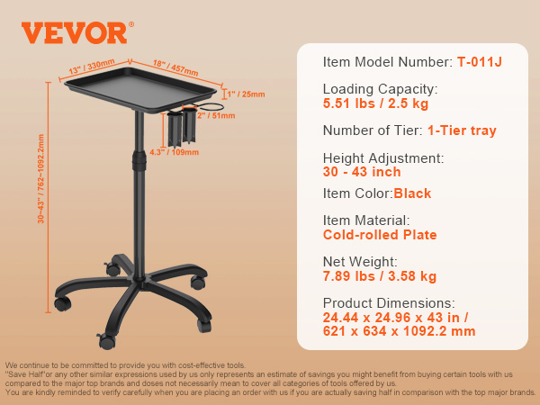 VEVOR salon tray cart with adjustable height, black color, 1-tier tray, and dimensions listed.