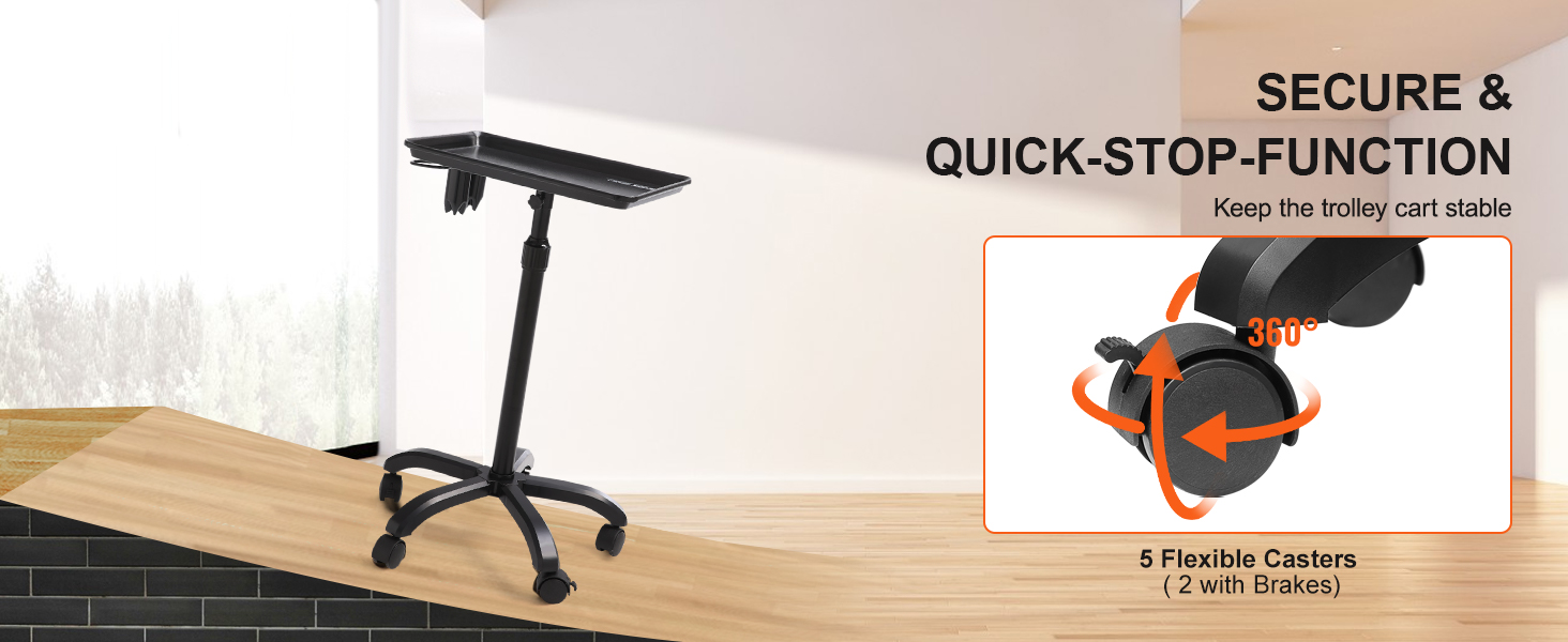 VEVOR salon tray cart with secure quick-stop function and 5 flexible casters (2 with brakes).