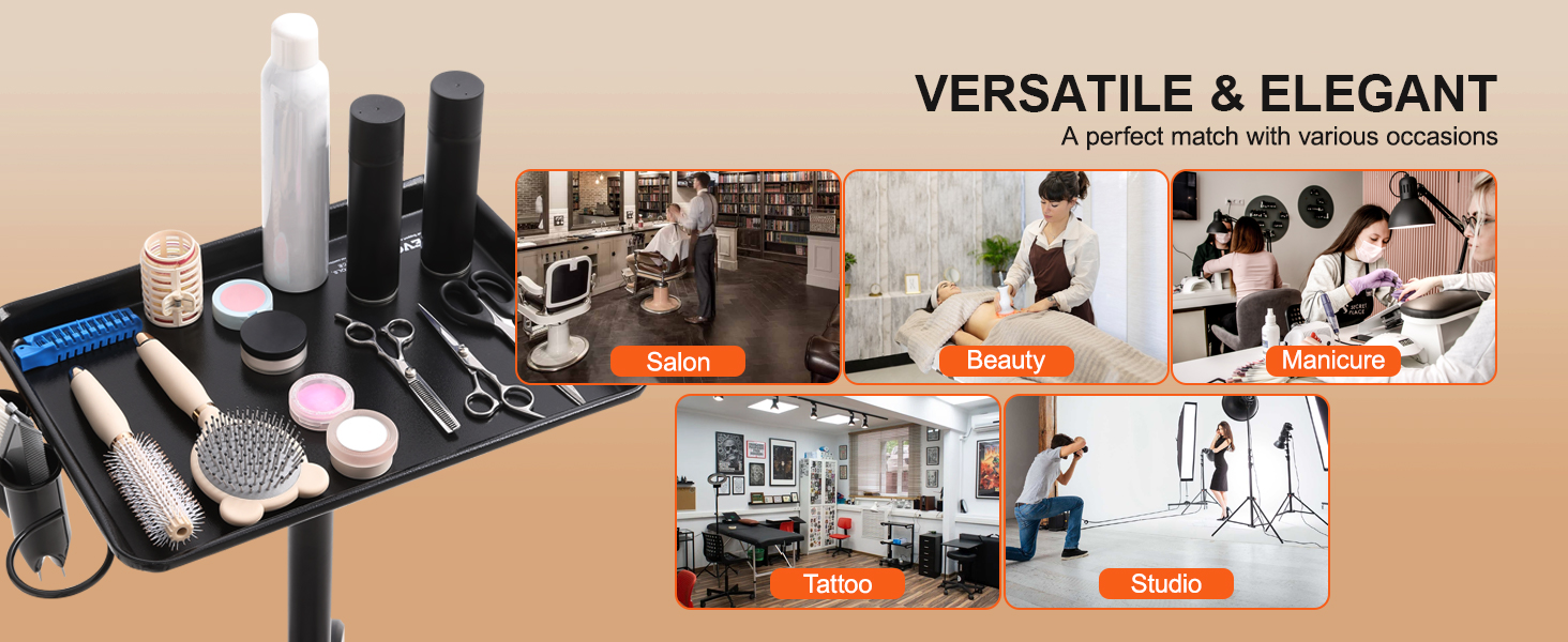 VEVOR salon tray cart with salon tools, perfect for beauty, manicure, tattoo, and studio settings.